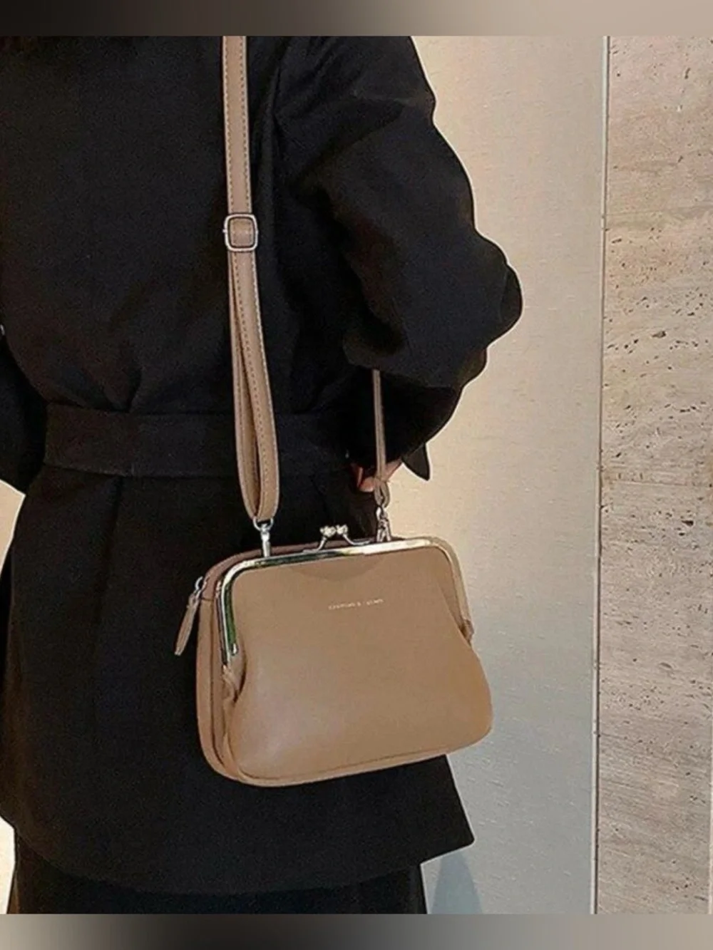 Monochromatic Brown Crossbody Bag Feat Distinctive Clip Lock Closure(SKU759)